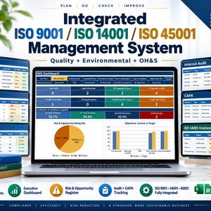 May include: A laptop displaying an Integrated Management System dashboard for ISO 9001, ISO 14001, and ISO 45001. The screen shows various data tables, a pie chart, and a bar graph. Surrounding the laptop are smaller screens showing process controls, internal audits, and risk assessments, with three stacked books labeled ISO 9001, ISO 14001, and ISO 45001.
