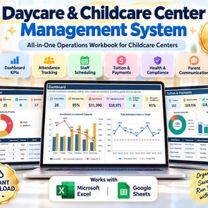 May include: A digital Daycare & Childcare Center Management System workbook featuring a dashboard with enrollment, attendance, and tuition data. The interface displays charts, tables, and icons for staff scheduling and parent communication, compatible with Microsoft Excel and Google Sheets.