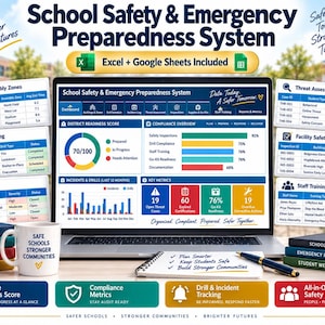 May include: A digital School Safety & Emergency Preparedness System displayed on a laptop screen, featuring data dashboards, compliance metrics, and drill logs. Includes a white mug with text and a notebook with a pen on a desk with stacked books.