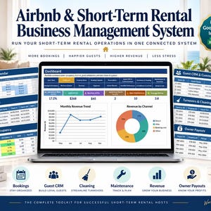 Puede incluir: Un sistema de gestión empresarial para alquileres a corto plazo en una pantalla de portátil, con un panel de control que muestra tendencias de ingresos, gráficos circulares y tablas de datos para reservas, gestión de clientes y limpieza.