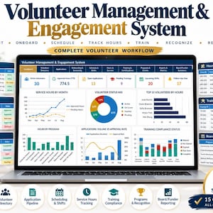 May include: A laptop screen displaying a Volunteer Management & Engagement System dashboard with data charts, tables, and metrics. The interface includes sections for directory, applications, scheduling, hours, training, and board summaries in a digital format.