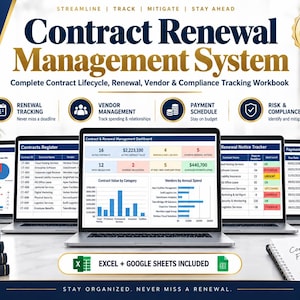 Pode incluir: Um livro de trabalho digital de gestão de renovação de contratos com um painel central no ecrã de um portátil, rodeado por vários ecrãs que mostram registos de contratos, calendários de pagamentos e rastreadores de renovação.
