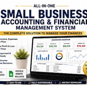 Può includere: Un sistema digitale di contabilità e gestione finanziaria per piccole imprese visualizzato su uno schermo di un portatile. La dashboard mostra reddito netto, entrate, saldo di cassa e spese. Testo: "All-in-one", "Excel included", "Google Sheets included".