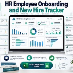 May include: A digital HR Employee Onboarding and New Hire Tracker dashboard displayed on a laptop screen, surrounded by informational sidebars, a white mug with text, a stack of three books, and a small potted plant on a desk surface.