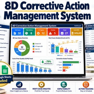 8D Corrective Action Management System | CAPA Tracker | Root Cause Analysis | Excel + Google Sheets | Quality Management Template