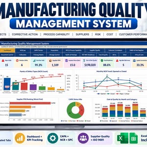 Manufacturing Quality Management System | ISO 9001, CAPA, NCR, fmea spc Tracker | Excel & Google Sheets