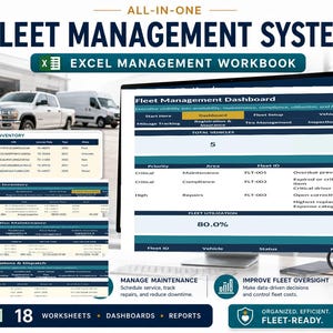 Könnte beinhalten: Ein All-in-One-Flottenmanagementsystem als Excel-Arbeitsmappe mit digitalem Dashboard auf einem Computermonitor. Die Benutzeroberfläche zeigt Fahrzeugbestand, Wartungspläne und Flottenauslastung mit 18 Arbeitsblättern, Dashboards und Berichten.