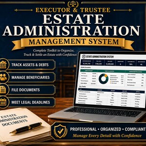 May include: An estate administration management system displayed on a laptop screen, featuring a dashboard with asset summaries, key tasks, and status charts. A stack of documents labeled Estate Administration Documents and a pen sit on a desk.