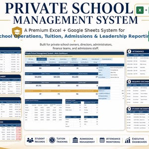Könnte beinhalten: Ein digitales Verwaltungssystem für Privatschulen für Excel und Google Sheets. Die Benutzeroberfläche zeigt Schülerlisten, Schulgeldzahlungen, Zulassungen, Anwesenheitslisten und Finanzübersichten in blau-weißen Tabellen und Diagrammen.