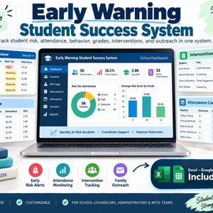 May include: A laptop displaying the Early Warning Student Success System dashboard, surrounded by data tables for priority queues, risk flags, interventions, and attendance compliance. Includes icons for Excel and Google Sheets integration.