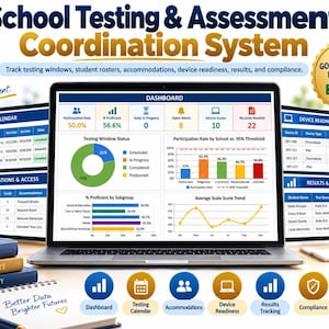 May include: A digital School Testing & Assessment Coordination System displayed on a laptop screen, featuring a dashboard with charts, tables, and metrics. Includes Excel and Google Sheets files for tracking student rosters, testing, and compliance.