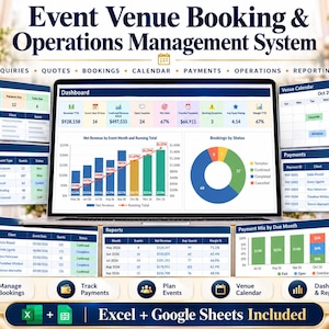 May include: A digital event venue booking and operations management system displayed on a laptop screen, featuring dashboards, revenue charts, booking status pie charts, payment logs, and a venue calendar for October 2026. Excel and Google Sheets included.