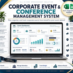Könnte beinhalten: Ein digitales System zur Verwaltung von Firmenveranstaltungen und Konferenzen auf einem Laptop-Bildschirm. Die Benutzeroberfläche zeigt ein Dashboard mit Diagrammen, Grafiken und Kennzahlen für Anmeldungen, Budget und Aufgabenverwaltung.