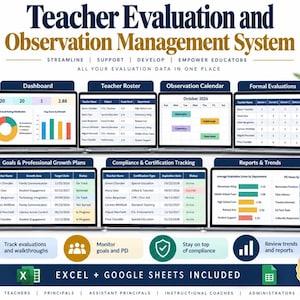 Teacher Evaluation & Observation Management System | School Administrator Excel + Google Sheets Template