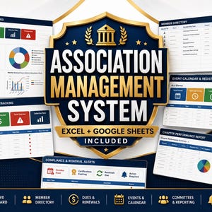 Op de afbeelding: Een digitaal dashboard-interface getiteld Association Management System met Excel en Google Sheets inbegrepen. Het bevat meerdere datapanelen, waaronder een Executive Dashboard, ledenlijst, evenementenkalender, contributieoverzicht en waarschuwingen.
