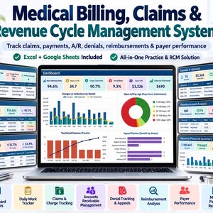 Puede incluir: Un panel digital de facturación médica y gestión del ciclo de ingresos en la pantalla de una computadora portátil, rodeado de pantallas más pequeñas que muestran reclamos, denegaciones, apelaciones y resúmenes financieros.