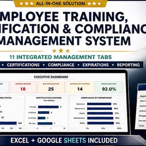 Könnte beinhalten: Ein Dashboard für ein System zur Verwaltung von Mitarbeiterschulungen, Zertifizierungen und Compliance. Die Anzeige umfasst ein Executive Dashboard, eine Matrix für Schulungsanforderungen und eine Compliance-Matrix.