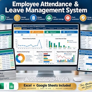 May include: A digital dashboard for an Employee Attendance & Leave Management System displayed on a computer monitor and smaller screens. The interface features data tables, line graphs, bar charts, and pie charts for tracking employee leave and attendance.