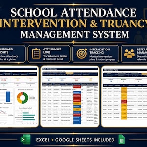 May include: A digital school attendance intervention and truancy management system dashboard. The interface displays data visualizations, attendance logs, and intervention plans with charts, tables, and metrics. Includes Excel and Google Sheets files.