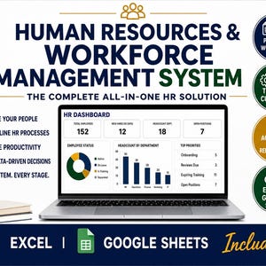 Può includere: Un sistema digitale di gestione delle risorse umane e del personale visualizzato su uno schermo di un portatile, che mostra una dashboard HR con metriche, grafici e dati. La grafica include testi in evidenza, elenchi di funzioni e icone Excel.