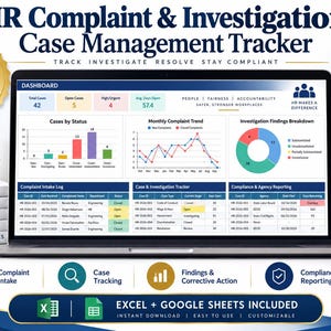 Puede incluir: Una pantalla de portátil que muestra un panel de control para la gestión de quejas e investigaciones de RR. HH. con gráficos, un registro de quejas y tablas de seguimiento. La interfaz incluye métricas sobre casos totales y tendencias mensuales.