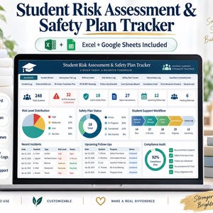 May include: A laptop screen displaying a Student Risk Assessment & Safety Plan Tracker dashboard with data charts, tables, and metrics. The interface includes tabs for incident logs, student rosters, and safety plans, compatible with Excel and Google Sheets.