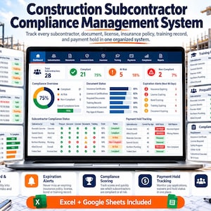 Construction Subcontractor Compliance Tracker | Insurance, Licenses, Payment Holds | Excel & Google Sheets