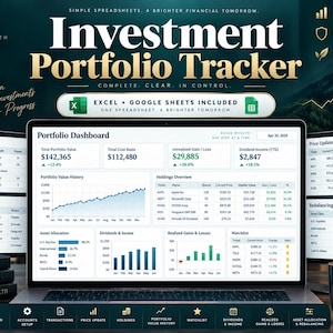 Könnte beinhalten: Ein Investment-Portfolio-Tracker auf einem Laptop-Bildschirm, der ein Dashboard mit Finanzdiagrammen, Tabellen und Daten zeigt. Die Benutzeroberfläche enthält Bereiche für Transaktionen, Kontoeinrichtung, Preisaktualisierungen und Neugewichtung, kompatibel mit Excel und Google Sheets.
