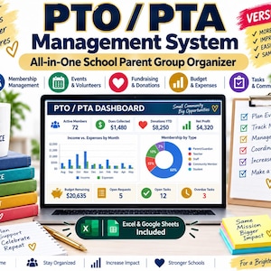 May include: A digital PTO/PTA management system dashboard displayed on a laptop screen, featuring charts, member statistics, and financial data. The system includes Excel and Google Sheets templates for school parent group organization, planning, and tracking.