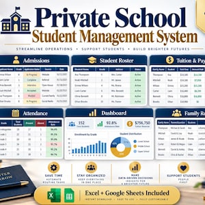 Puede incluir: Un panel de control de sistema de gestión escolar privada con tablas para admisiones, listas de estudiantes, matrículas, asistencia y registros familiares, incluyendo gráficos y el texto que indica que Excel y Google Sheets están incluidos.