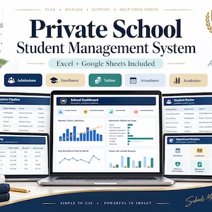 Puede incluir: Un sistema digital de gestión de estudiantes para escuelas privadas mostrado en varias pantallas de portátiles. La interfaz presenta paneles para admisiones, inscripciones, matrículas y asistencia, con diversos gráficos y tablas de datos.