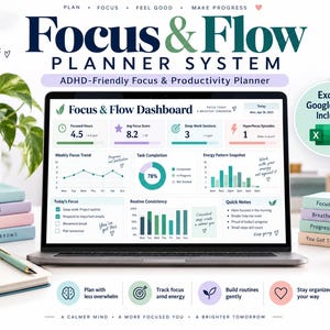 ADHD Focus and Flow Planner | Productivity and Deep Work Tracker | Task, Habit & Energy Planner | Excel + Google Sheets