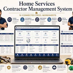 May include: A Home Services Contractor Management System featuring 16 connected Excel worksheets. The display shows a dashboard with open work orders, revenue, and customer records. Tools and a measuring tape are visible on the desk surface.