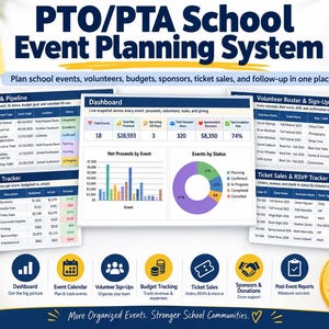 Puede incluir: Un sistema digital de planificación de eventos escolares PTO/PTA que incluye un panel, calendario, lista de voluntarios, seguimiento de presupuesto y ventas de entradas. El diseño presenta gráficos, tablas e iconos para organizar eventos escolares, voluntarios y presupuestos en Excel y Google Sheets.