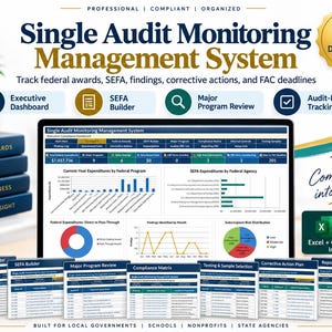 May include: A digital Single Audit Monitoring Management System dashboard displayed on a screen, featuring charts, graphs, and data tables for tracking federal awards, SEFA, findings, and corrective actions, with Excel and Google Sheets compatibility.