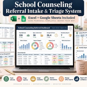 May include: A digital school counseling referral intake and triage system displayed on a laptop screen, featuring Excel and Google Sheets templates, data dashboards, referral logs, and case management charts, accompanied by a notebook and mug.
