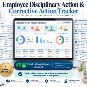 May include: A digital HR disciplinary action and corrective action tracker displayed on a laptop screen, featuring data tables, charts, and status dashboards. The interface includes sections for employee directories, incident logs, and compliance audit trails.