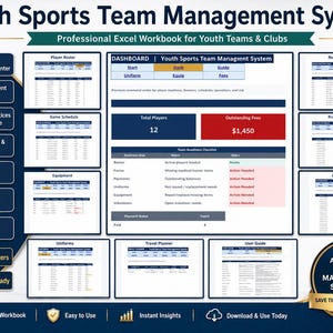 Può includere: Una cartella di lavoro Excel per un sistema di gestione di squadre sportive giovanili con una dashboard centrale per il monitoraggio dei giocatori, i calendari delle partite e le quote. Include moduli per registrazione, presenze, attrezzature e viaggi.