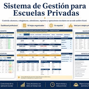 Pode incluir: Um sistema de gestão digital para escolas privadas em formato Excel. A interface inclui um painel principal, listas de alunos, acompanhamento de pagamentos de mensalidades, saldos pendentes e relatórios administrativos com tabelas de dados.