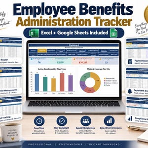 Könnte beinhalten: Eine digitale Vorlage zur Verwaltung von Mitarbeiterleistungen auf einem Laptop-Bildschirm, mit Daten-Dashboards, Balken- und Kreisdiagrammen. Enthält Excel- und Google Sheets-Symbole sowie umgebende Miniaturansichten von Dienstplänen, Gehaltsabrechnungen und Compliance-Tracking-Blättern.
