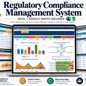 May include: A digital Regulatory Compliance Management System displayed on multiple screens, featuring a central dashboard with bar charts, line graphs, and radar charts. The interface includes an Action Center, Risk Register, and Board Compliance Report.