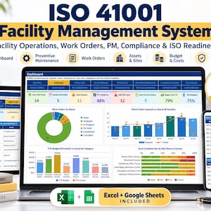 May include: A digital dashboard for an ISO 41001 Facility Management System displayed on a laptop, tablet, and smartphone. The screens show data visualizations, work order statuses, budget charts, and asset condition metrics with Excel and Google Sheets icons.