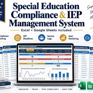 Pode incluir: Um sistema digital de gestão de conformidade e PEI para educação especial em Excel e Google Sheets. O ecrã mostra um painel de controlo com listas de alunos, registos de serviços e ferramentas de monitorização de objetivos com gráficos.