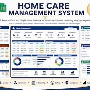 May include: A digital home care management system workbook for Excel and Google Sheets. The interface displays an agency dashboard with client management, scheduling, billing, and reporting modules, featuring charts, tables, and data tracking tools.