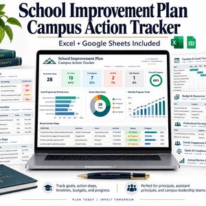 Peut inclure: Un ordinateur portable affichant un tableau de bord de suivi d'actions pour un plan d'amélioration scolaire avec des graphiques, des barres de progression et des tableaux. Inclut un carnet, un stylo et des documents imprimés sur les besoins.
