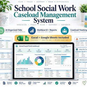 May include: A School Social Work Caseload Management System digital dashboard displayed on a laptop screen, featuring Excel and Google Sheets compatibility, organized tabs, student rosters, crisis logs, and data tracking charts for school professionals.