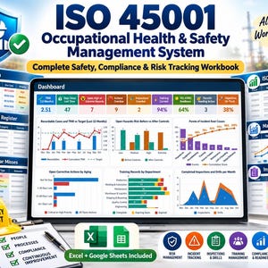 ISO 45001 Safety Management System | EHS Dashboard, Risk Assessment & Compliance Tracker | Excel + Google Sheets