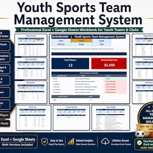 Op de afbeelding: Een digitaal Youth Sports Team Management System werkboek voor Excel en Google Sheets. De lay-out bevat een centraal dashboard met spelersaantallen en kostenoverzichten, omringd door modules voor roosters, planningen en uitrusting.