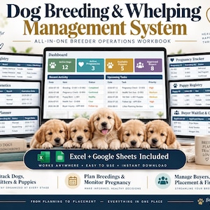 以下が含まれることがあります： 犬の繁殖・出産管理システム用デジタルワークブック。中央ダッシュボード、登録・健康・購入者管理用テーブル、5匹のゴールデンレトリバーの子犬の画像が含まれています。ExcelおよびGoogleスプレッドシート形式で提供されます。