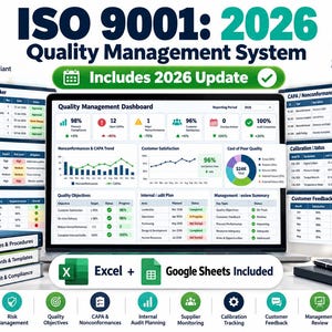 May include: A digital ISO 9001: 2026 Quality Management System dashboard displayed on a laptop screen, featuring various data trackers, risk registers, and performance charts. The interface includes Excel and Google Sheets compatibility.